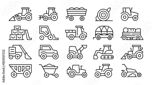 Collection of agriculture equipment icons featuring tractors and farm machinery line art style