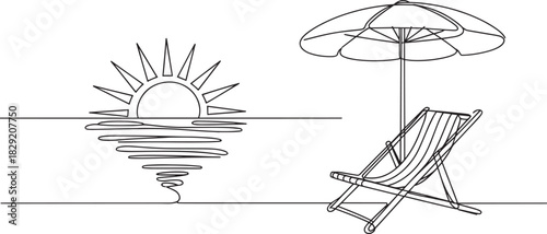 Continuous line art beach chair and umbrella vector – minimal summer seaside vacation scene with sunset for travel or relaxation design