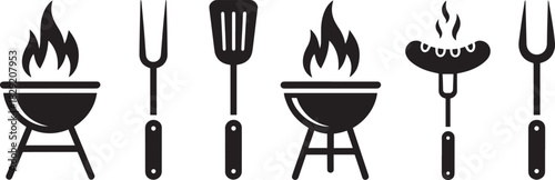 Barbecue grill icon vector – black silhouette with fire, fork, and spatula illustration for summer cooking, BBQ party, or outdoor picnic design