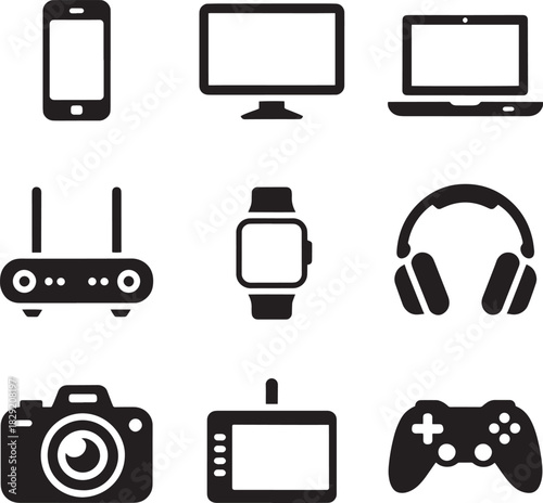 Modern technology icons set vector – smartphone, laptop, camera, router, smartwatch, and headset black symbols for media and digital concept