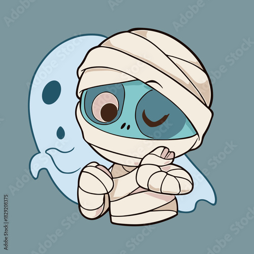 Charming cartoon mummy winks near friendly ghost friend