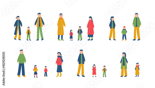 冬を過ごす家族のイラストセット