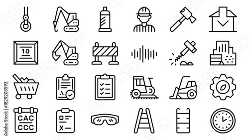 Construction site equipment and safety tools icons collection building industry elements set