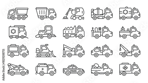 Collection of cartoon transport vehicles dump tow police ambulance truck excavator tanker line