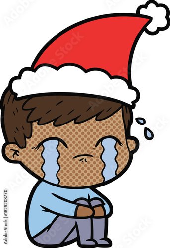 Halftone Cartoon Vector of Crying Sad Boy Wearing a Santa Hat, Disappointed Child During the Holidays
