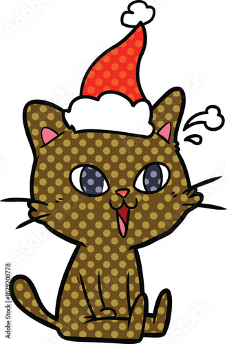 Halftone Cartoon Cat Vector Wearing a Santa Hat, Excited Christmas Pet Graphic in Comic Book Style