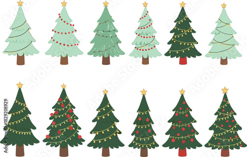 Hand-Drawn Christmas Tree Vector Set with Lights, Baubles, and Star Toppers in Two Green Color Tones