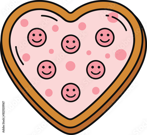 Heart-Shaped Cookie Vector with Pink Icing and Happy Face Toppings, Cute Graphic for Love and Sweets