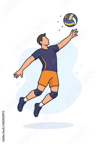 Cartoon Illustration of a Volleyball Player Spiking or Hitting the Ball