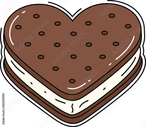 Heart-Shaped Ice Cream Sandwich Vector, Chocolate Cookie and Vanilla Filling for Sweet Dessert Treat