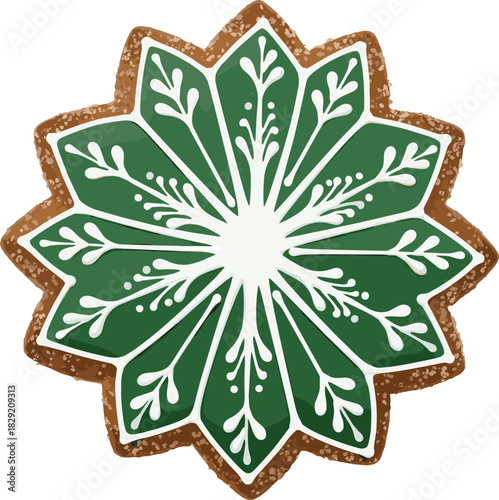 Highly Detailed Christmas Gingerbread Snowflake Cookie Vector Illustration with Elegant White and Green Icing