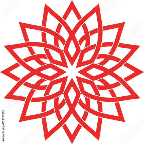 Intricate Red Geometric Star Vector, Abstract Interlaced Knot Pattern Ideal for Logo and Ornament Design
