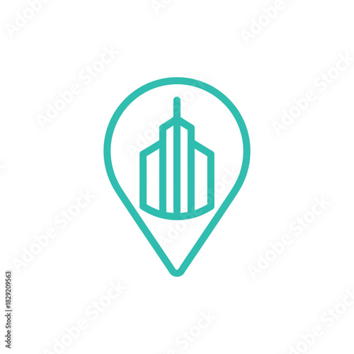 building location pin city building in a teal location pin icon suggesting real estate services property development urban planning and navigation apps.