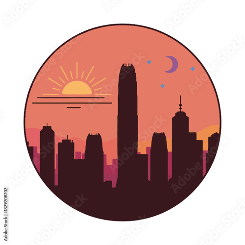cityscape illustration at sunset detailed skyline silhouette with a rising sun and crescent moon perfect for travel blogs or urban design concepts.