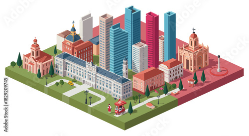 Cityscape illustration with landmarks showcasing urban architecture and green spaces ideal for tourism marketing and city planning visuals.