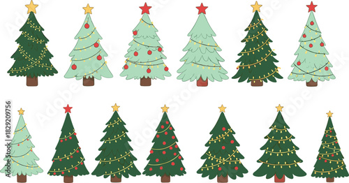 Large Collection of Whimsical Christmas Trees Vector Decorated with Red Stars, Ornaments, and Gold String Lights