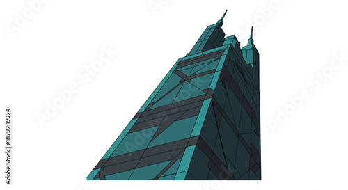 Futuristic skyscraper with sharp spires a modern architectural marvel gleaming against a bright sky showcasing innovative urban design city planning and progress.