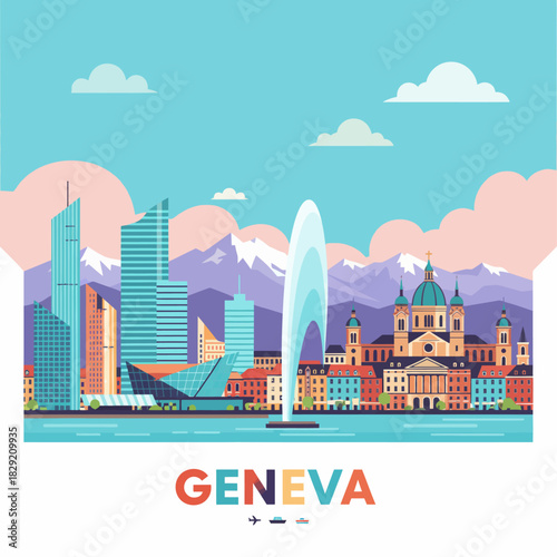 Geneva skyline illustration with Jet dEau fountain against Swiss Alps a vibrant cityscape perfect for travel blogs promoting tourism and destination guides.