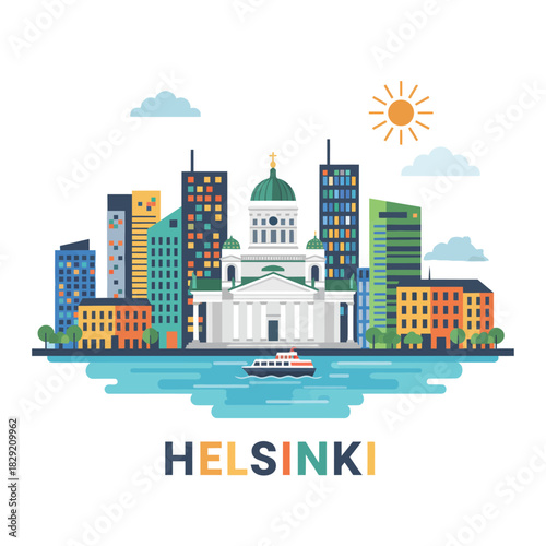 Helsinki skyline illustration with the Helsinki Cathedral and modern architecture on the waterfront ideal for travel blogs and Scandinavian tourism promotion.