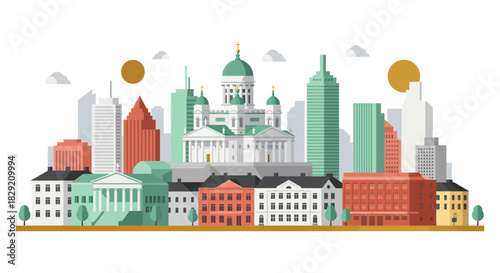 Helsinki cityscape illustration detailed vector panorama showcasing famous landmarks against a clear sky ideal for travel blogs urban planning presentations and tourism promotion.