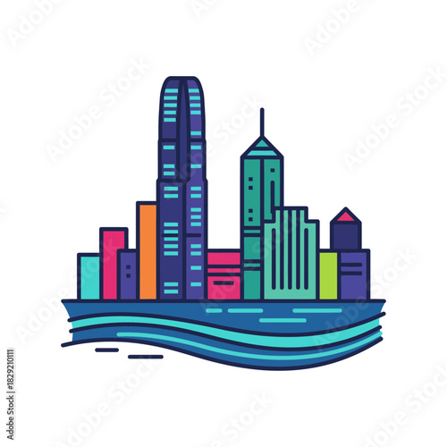 Hong Kong skyline illustration of iconic skyscrapers on the harbor vibrant architecture reflecting cultural vibrancy ideal for travel blogs  tourism promotions.