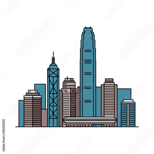 Hong Kong skyline illustration skyscrapers in the central business district representing urban architecture tourism promotion and asian cityscape.