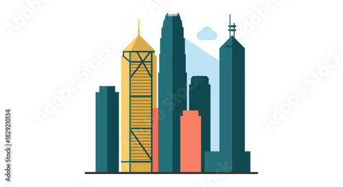 hong kong skyline illustration vibrant city buildings against white backdrop ideal for showcasing urban design travel modern architecture asia finance