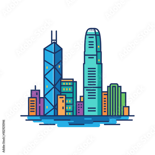 hong kong skyline illustration vibrant cityscape reflecting on water ideal for travel blog backgrounds and showcasing urban architecture design.