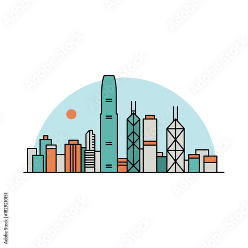 hong kong skyline illustration with iconic buildings against a blue backdrop perfect for showcasing urban landscapes and modern city architecture