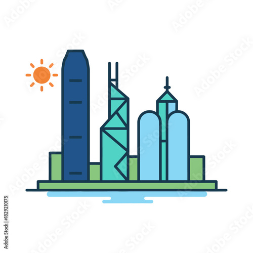 hong kong skyline illustration with vibrant buildings reflecting city life perfect for travel blogs and urban development presentations.