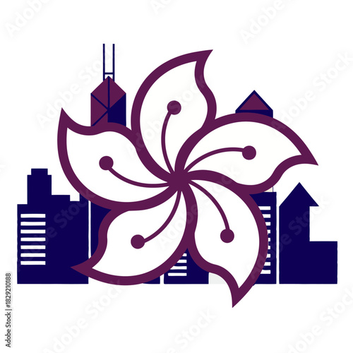 hong kong skyline with bauhinia flower showcasing urban landscape and cultural symbol perfect for travel blogs and depicting asian destinations.
