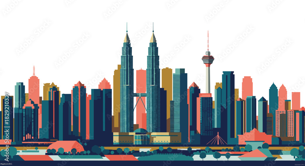Naklejka premium kuala lumpur skyline illustration showcasing the twin towers and cityscape at daytime suitable for travel blogs and architectural publications