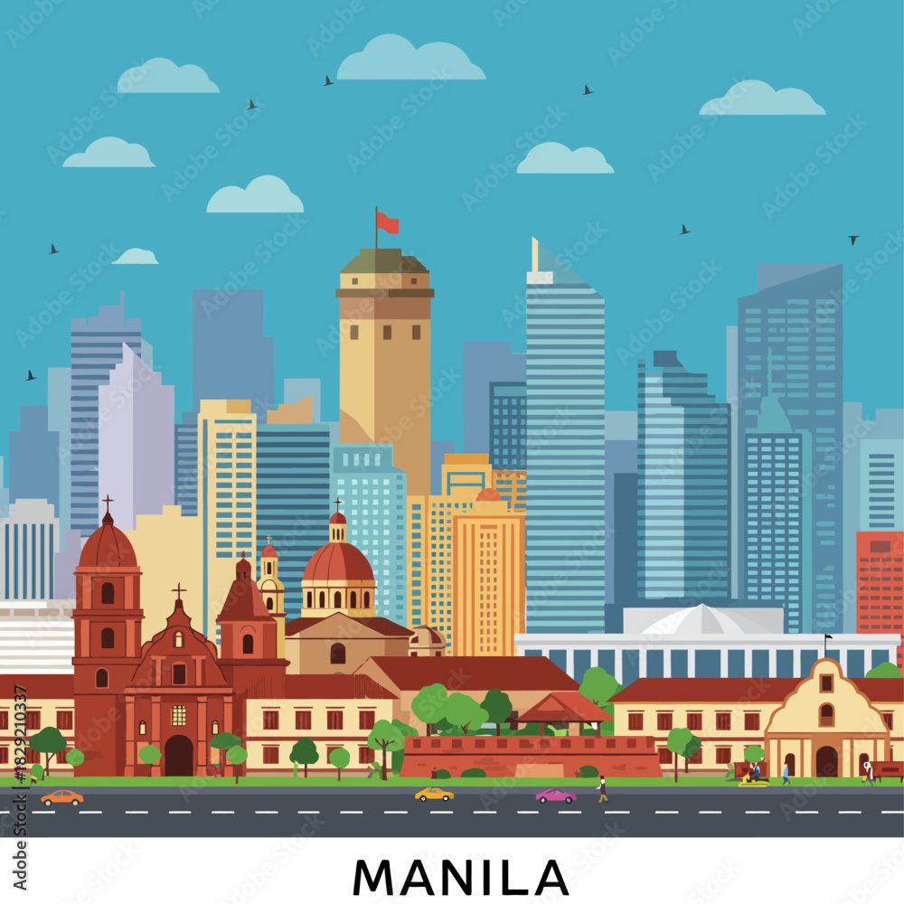 Obraz premium Manila cityscape illustration showcasing historic architecture and modern skyscrapers ideal for travel blogs and tourism campaigns highlighting cultural heritage travel destination