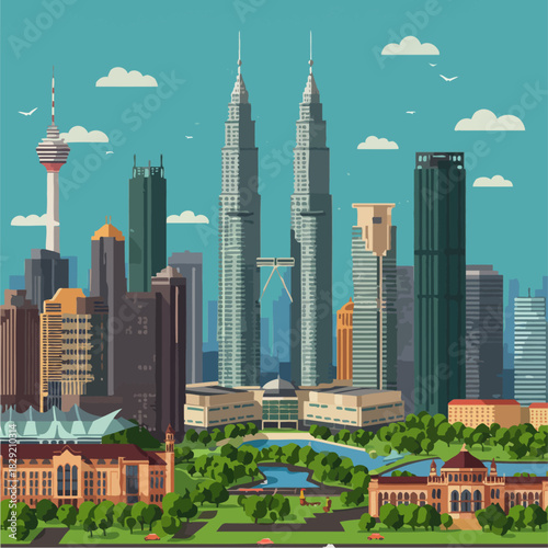 Kuala Lumpur cityscape illustration showcasing iconic Petronas Towers against a blue sky representing urban development travel destinations  malaysia tourism.