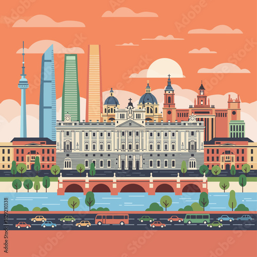 madrid cityscape illustration with modern skyscrapers and historical buildings under an orange sunset ideal for travel blogs and editorial content