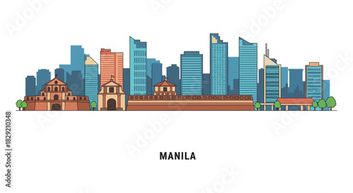 Manila skyline illustration historic architecture meets modern cityscapes ideal for travel blogs showcasing Philippines cultural heritage and urban development.