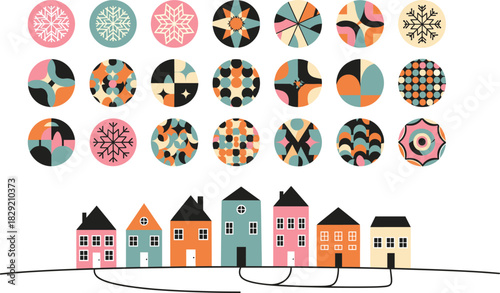 Retro Christmas Vector Icons and Winter Townscape Collection in Teal, Orange, and Pink Mid-Century Palette