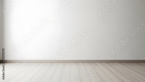 Empty room with white walls and light wooden floor, featuring a clean and minimalist aesthetic.