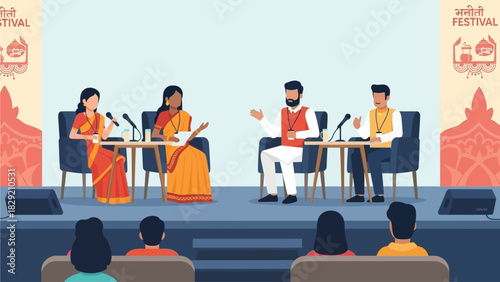 This flat design vector illustration depicts a dynamic panel discussion featuring Indian literary figures at a festival event. 