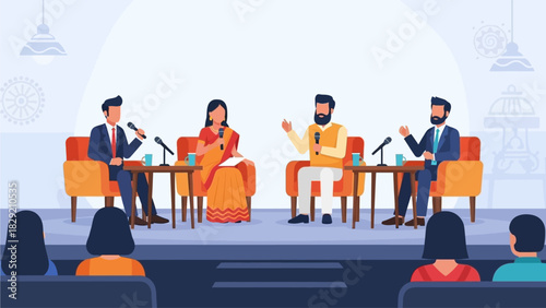 This flat design vector illustration depicts a dynamic panel discussion featuring Indian literary figures at a festival event. 
