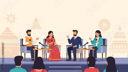 This flat design vector illustration depicts a dynamic panel discussion featuring Indian literary figures at a festival event. 