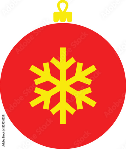 Simple Red Christmas Ornament Vector Icon, Flat Bauble Decoration with Yellow Snowflake Graphic