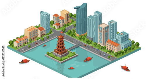 pagoda in hanoi vietnam amidst modern architecture and waterways offering a tranquil escape and cultural immersion for travel blogs tourism ads.