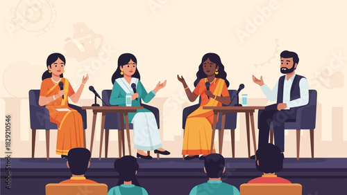 This flat design vector illustration depicts a dynamic panel discussion featuring Indian literary figures at a festival event. 