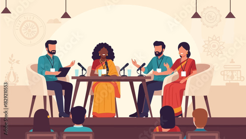 This flat design vector illustration depicts a dynamic panel discussion featuring Indian literary figures at a festival event. 