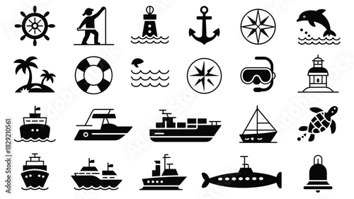 Collection of nautical maritime sea ocean related icons featuring boats ships and navigation aids