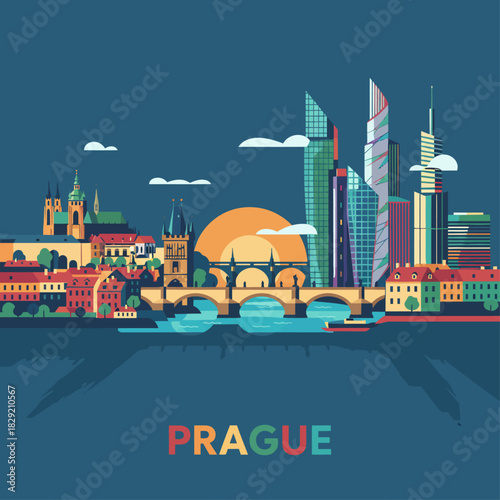 prague cityscape illustration colorful prague architecture and modern skyscrapers against the sunrise ideal for travel blog headers and city guides
