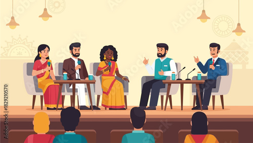 This flat design vector illustration depicts a dynamic panel discussion featuring Indian literary figures at a festival event. 