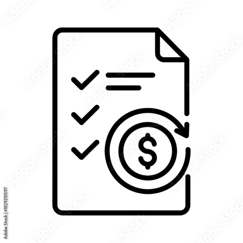 Recurring payment agreement on a document with checkmarks and dollar sign inside a circle symbolizing financial transactions and continuous billing cycles.