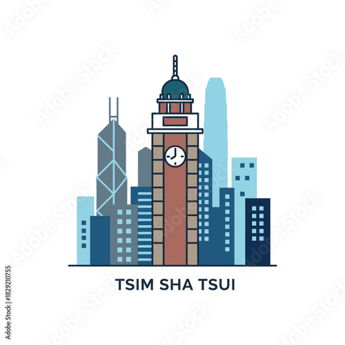 tsim sha tsui skyline illustration showcasing the iconic clock tower against a backdrop of modern skyscrapers representing hong kongs vibrant urban culture